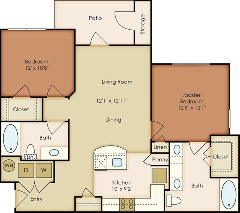 Floor plan for 2 beds, 2 baths, 968 sqft